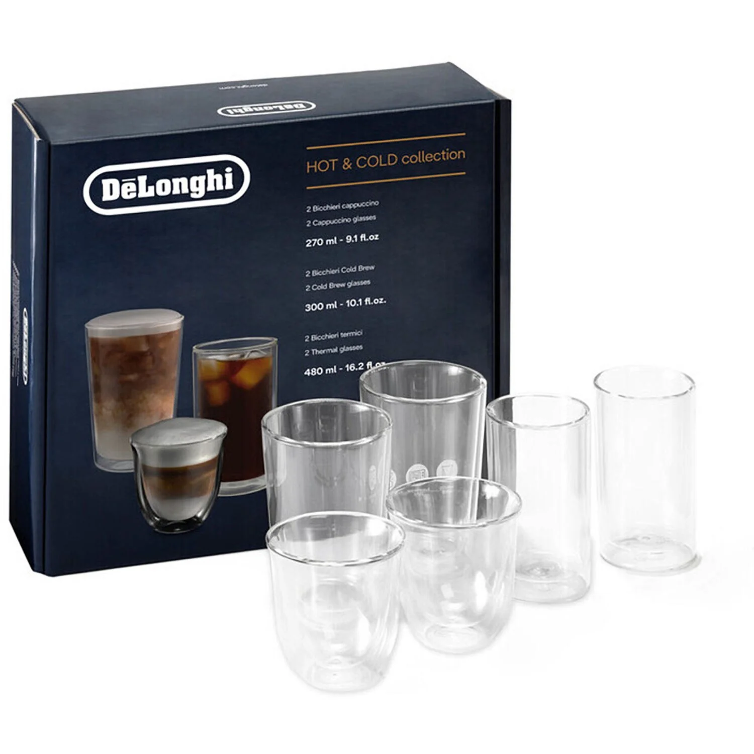 De'Longhi Hot & Cold Double Wall Glass Set of 2 Cappuccino, Cold Brew, Thermal (DLSC326)