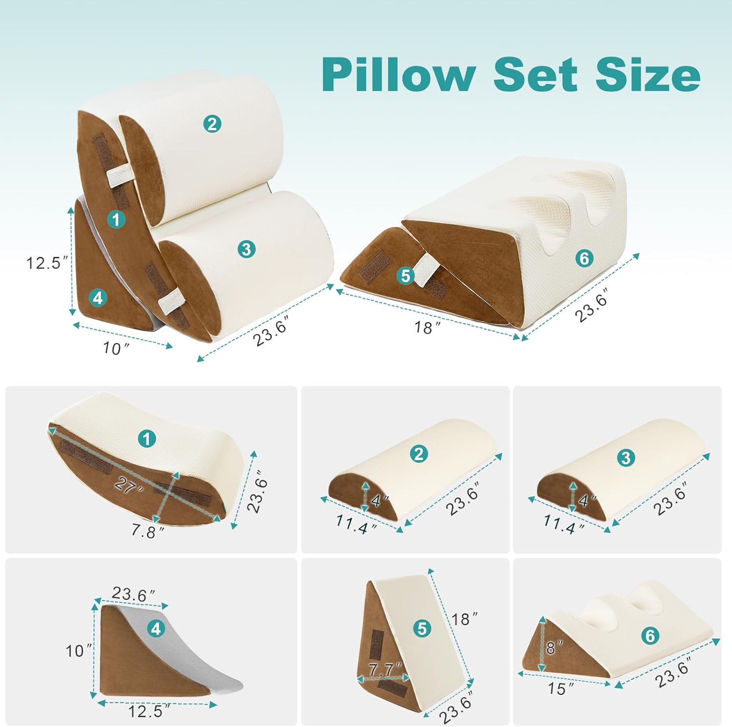 Hansleep 6PCS Orthopedic Bed Wedge Pillow for Sleeping, Adjustable Post Surgery Pillow Set for Body, Back and Leg Pain Relief, Memory Foam Support Pillows for After Surgery, Beige