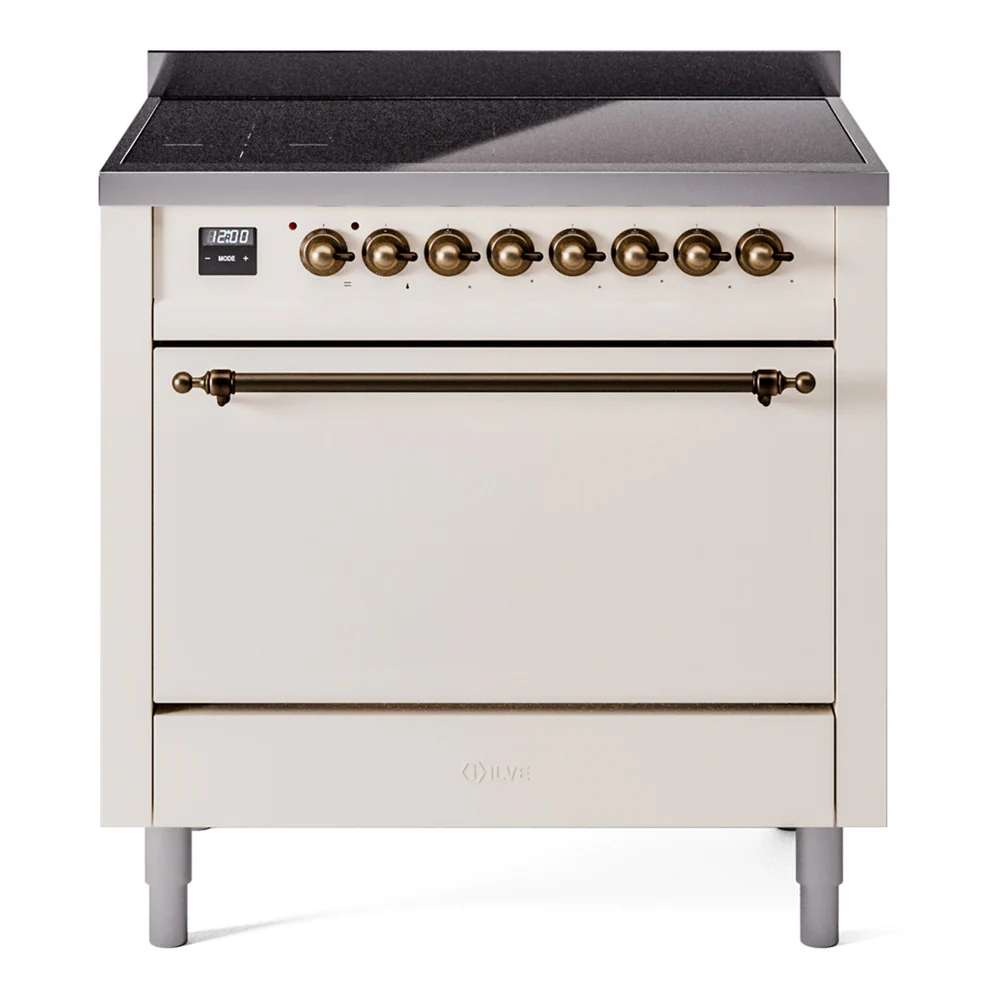 ILVE 36-Inch Nostalgie II Induction Range with Solid Door Oven in Antique White with Bronze Trim (UPI366QNMPAWB)