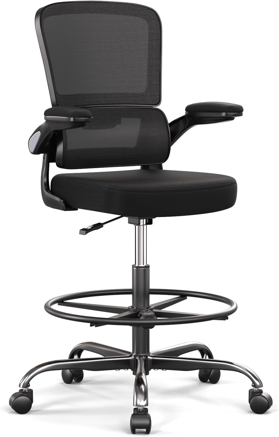 Ergonomic Drafting Chair with Footrest,Tall Office Chair for Standing Desk with Flip-up Armrests with Breathable Comfy Mesh Support and Adjustable Foot Rest Ring(Black)