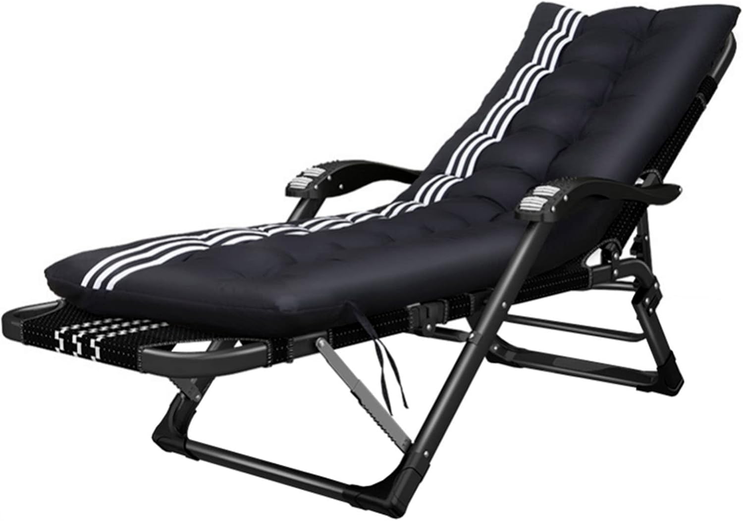 Outdoor Chair Massage Armrest Camping Lounge Patio Support 660lbs Padded Folding Lawn Recliner with Headrest (Recliner + Black Cushion 1