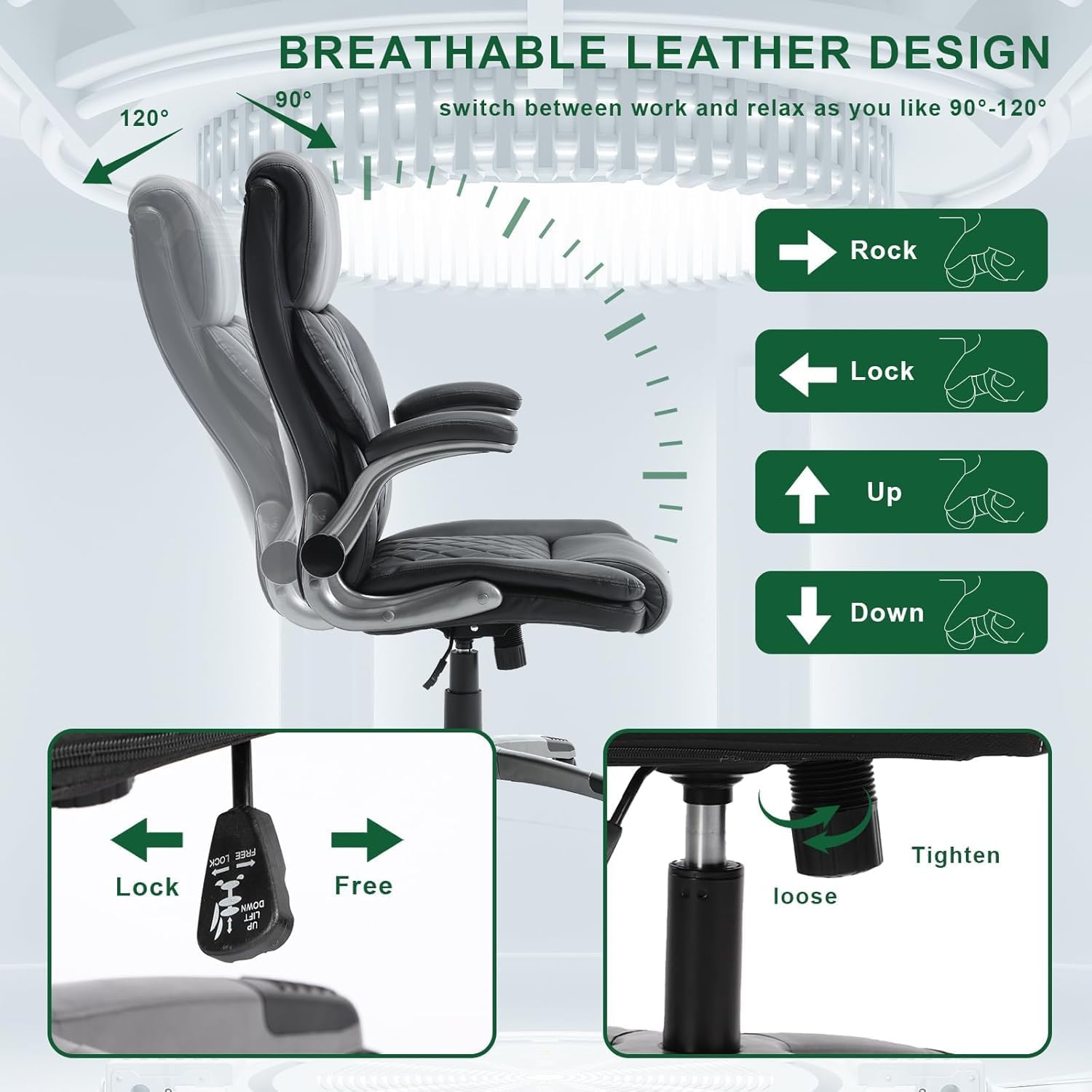 KCREAM Office Chair, Leather Office Chairs with Flip up Arms,Rocking High Back Cpmputer Desk Chairs with Lumbar Support, Executive Chairs with Wheels,Swivel Task Rolling Chair for Adult, Black