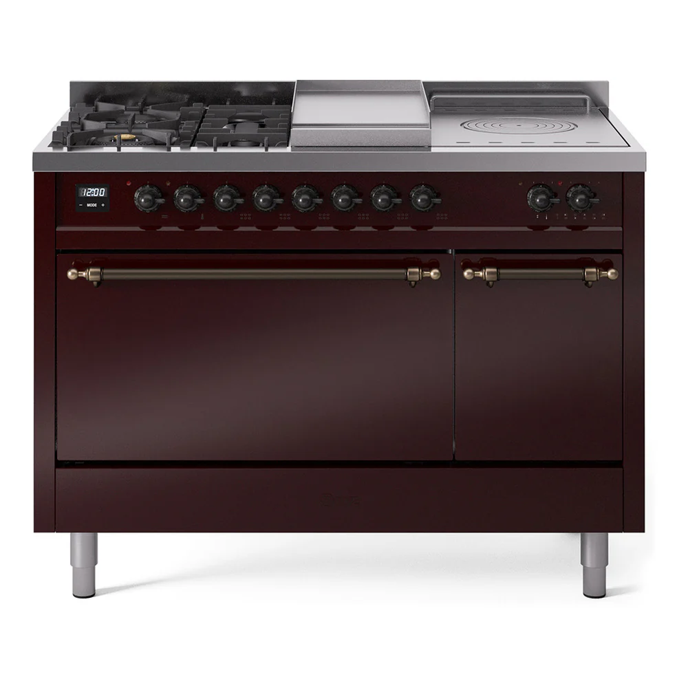 ILVE Nostalgie II 48-Inch Dual Fuel Range with 5 Burners, Griddle, & French Top, with Solid Door Oven in Burgundy with Bronze Trim (UP48FSQNMPBUB)
