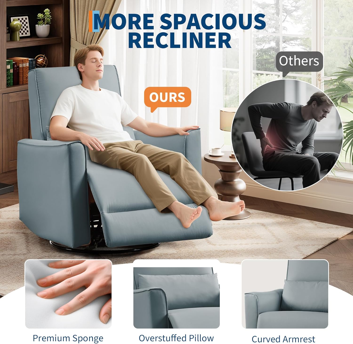 Swivel Rocking Recliner Chair, Manual Recliner with Lumbar Support & Padded Armrest, Comfortable Nursery Rocking Chair and Glider for Living Room, Bedroom (Gray)