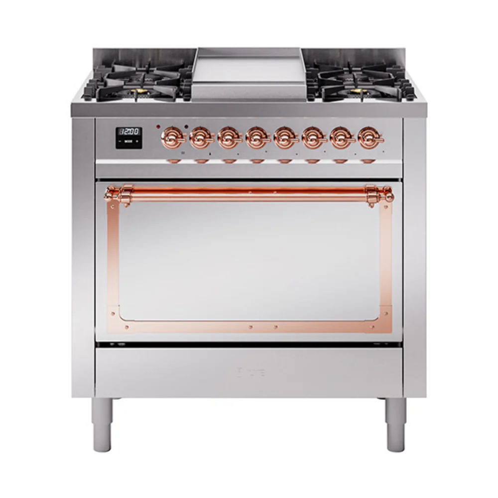 ILVE Nostalgie II Noblesse 36-Inch Dual Fuel Range and Solid Door Oven in Stainless Steel with Copper Trim (UN36FQNMPSSP)