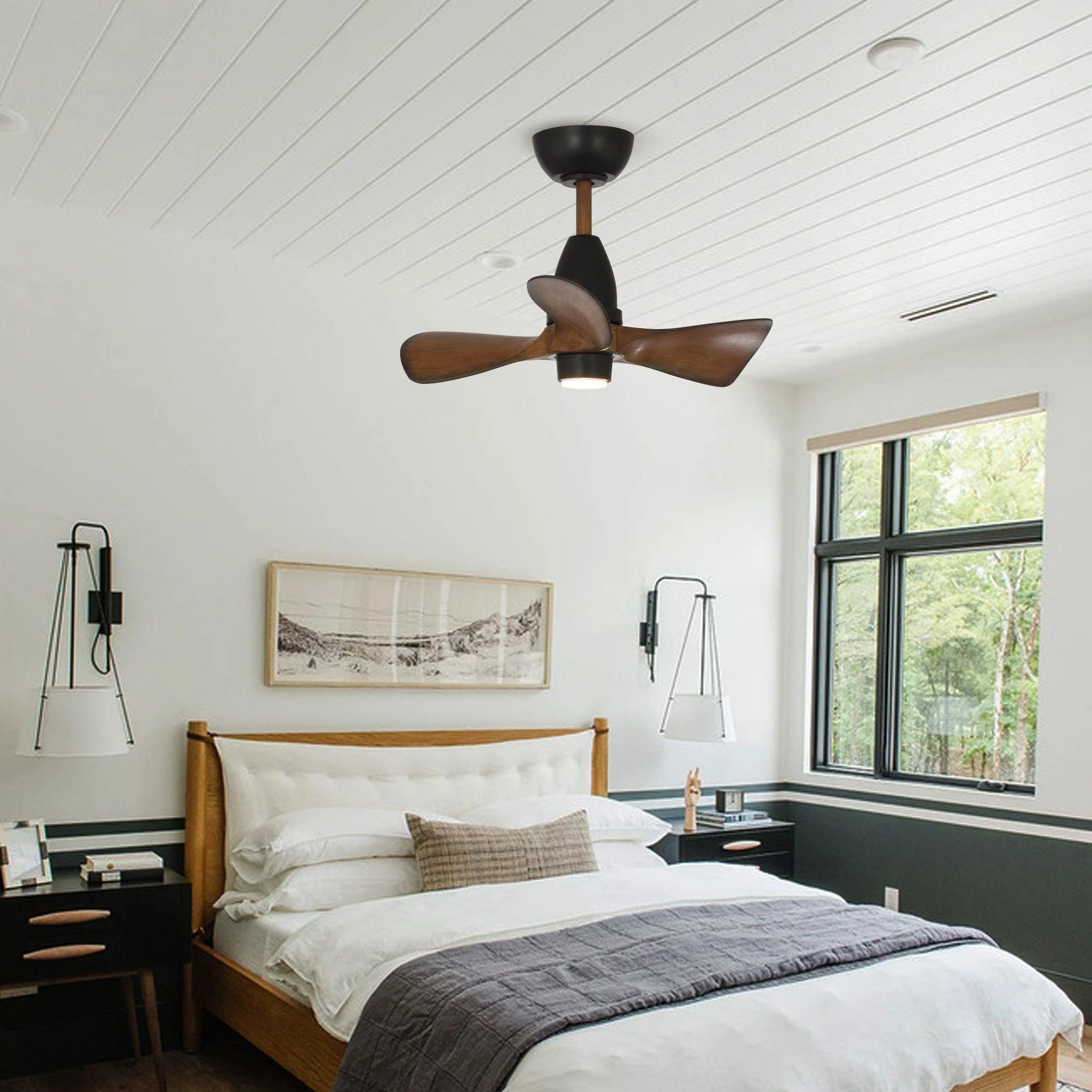 Parrot Uncle 28-Inch Kwang Farmhouse DC Motor Downrod Mount Reversible Ceiling Fan with LED Lighting and Remote Control