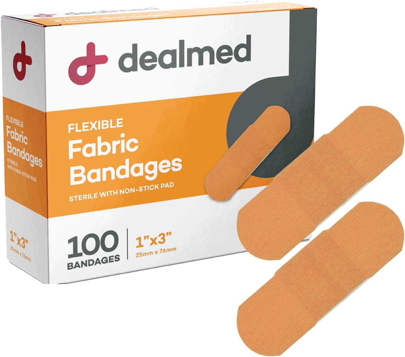 Dealmed Sterile Flexible Fabric Adhesive Bandages – 1x3 Inch – 100/Box - 24 Boxes - Breathable First Aid Strip Pack - Soft Stretch Wound Patch for Medical, Emergency Kits & Clinic