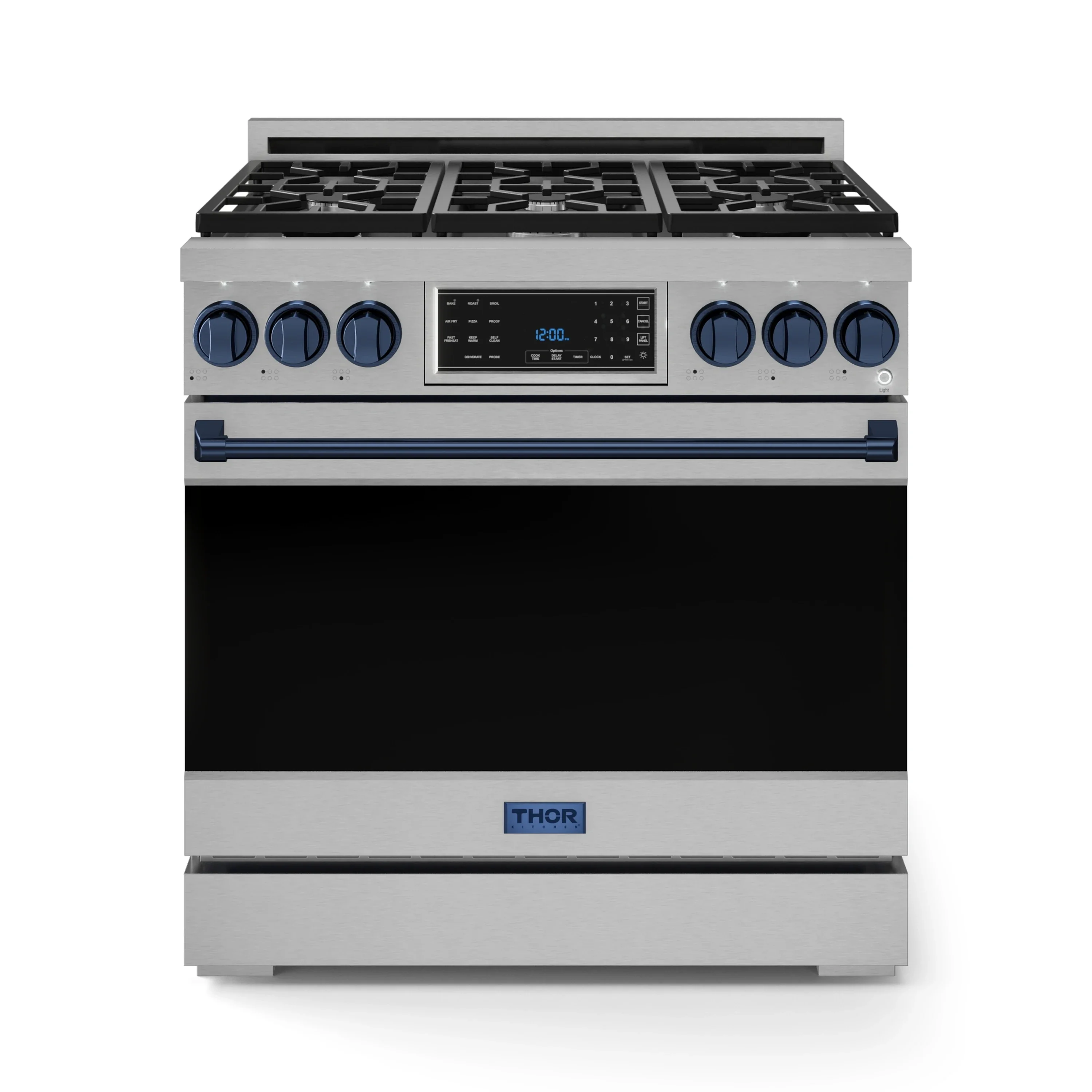 Gordon Ramsay by Thor Kitchen 36-Inch Professional Natural Gas Range with Tilt Panel Touch Control and 6.0 Cu. Ft. Self Clean Oven in Stainless Steel with Navy Blue Trim (RSG36-BLU)