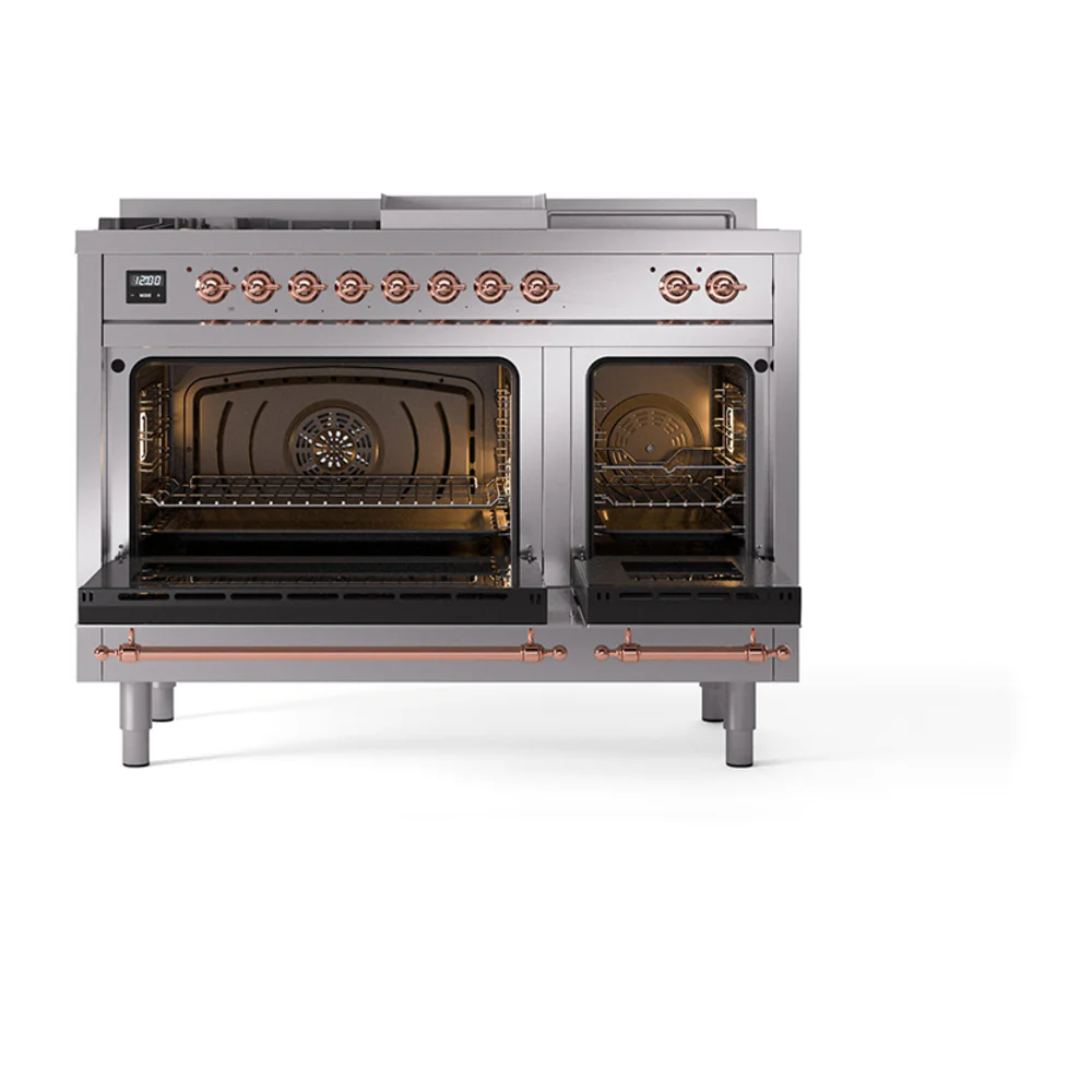 ILVE Nostalgie II 48-Inch Dual Fuel Range with 5 Burners, Griddle, & French Top, with Solid Door Oven in Stainless Steel with Copper Trim (UP48FSQNMPSSP)