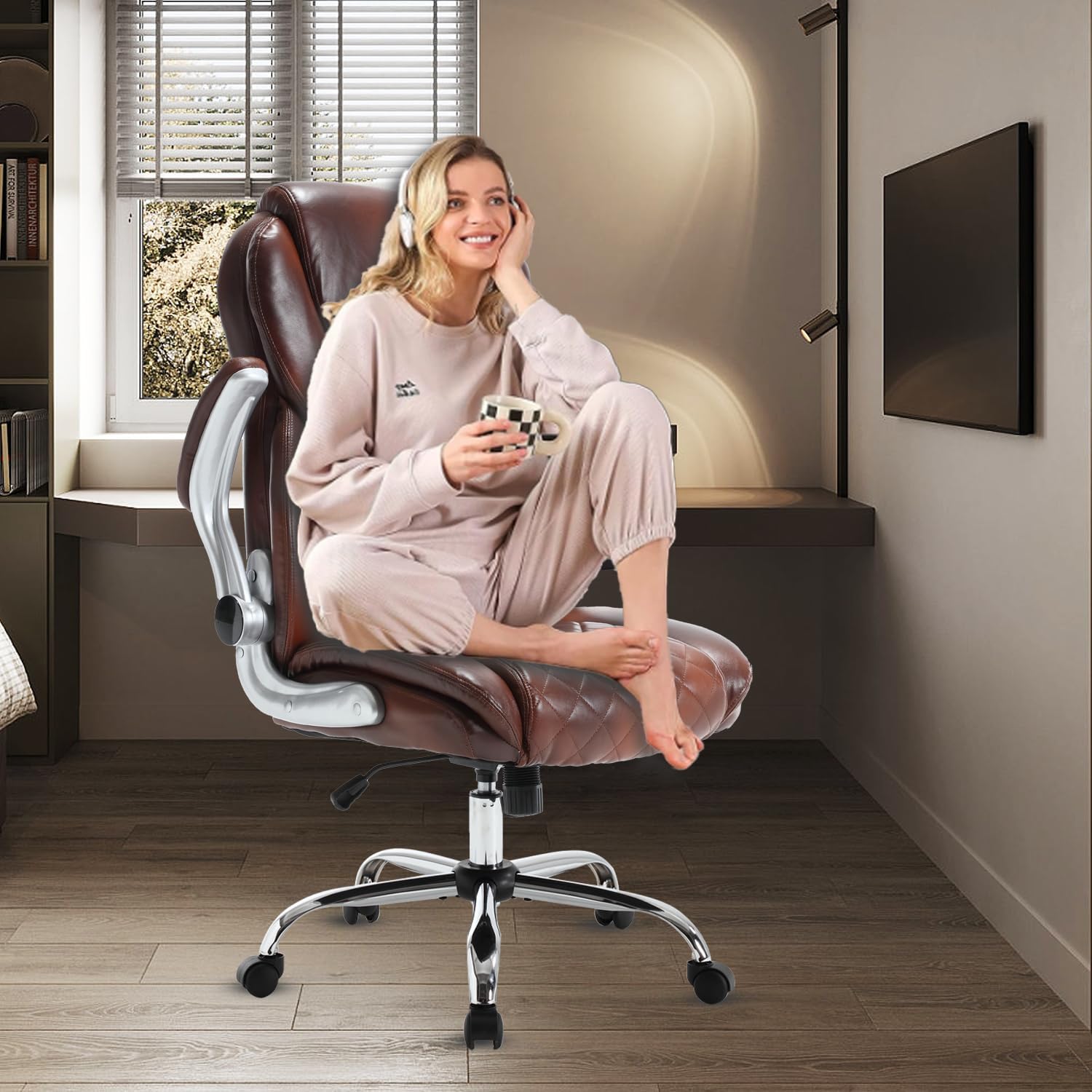 Big and Tall Executive Office Chair Brown, PU Leather High Back Office Desk Chairs with Wheels, Rocking Managerial Ergonomic Big Tall Home Computer Chairs with Flip up Arms and Lumbar Support