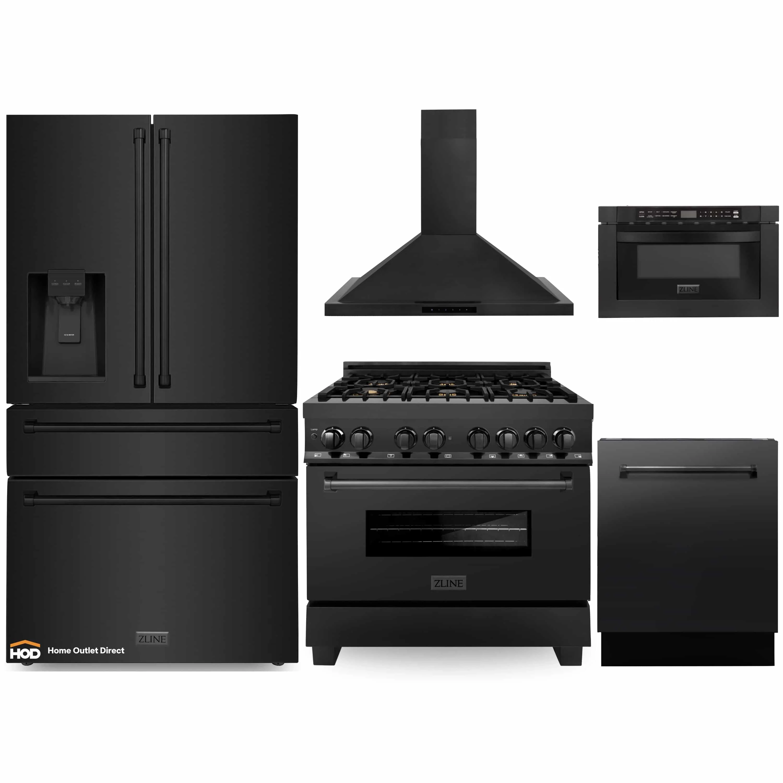 ZLINE 5-Piece Appliance Package - 36-Inch Dual Fuel Range with Brass Burners, Refrigerator with Water Dispenser, Convertible Wall Mount Hood, Microwave Drawer, and 3-Rack Dishwasher in Black Stainless Steel (5KPRW-RABRH36-MWDWV)
