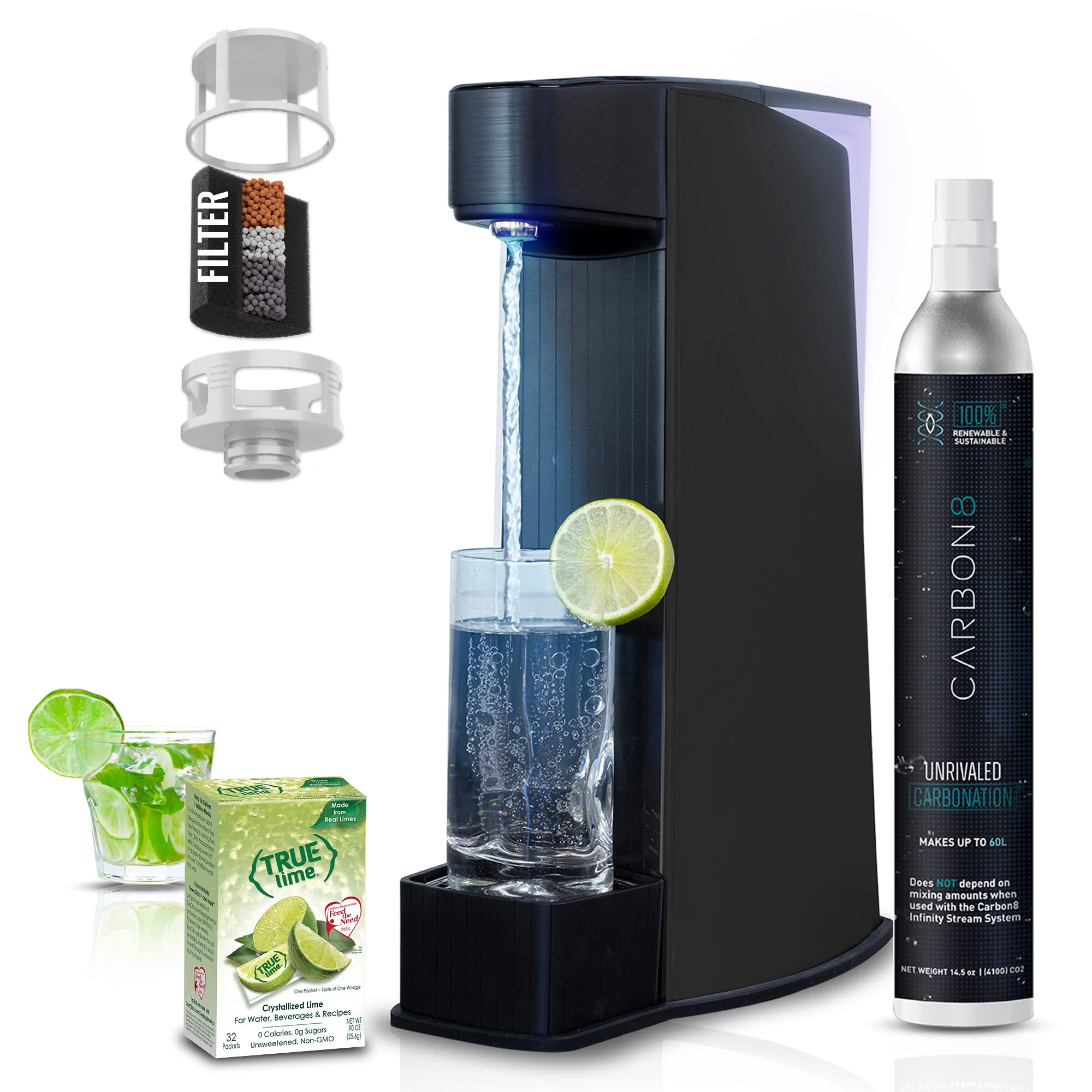 Carbon8 Kit - One Touch Sparkling Water Maker with Built-In UV Light + Filter & Lemon8 + Co2 Cylinder
