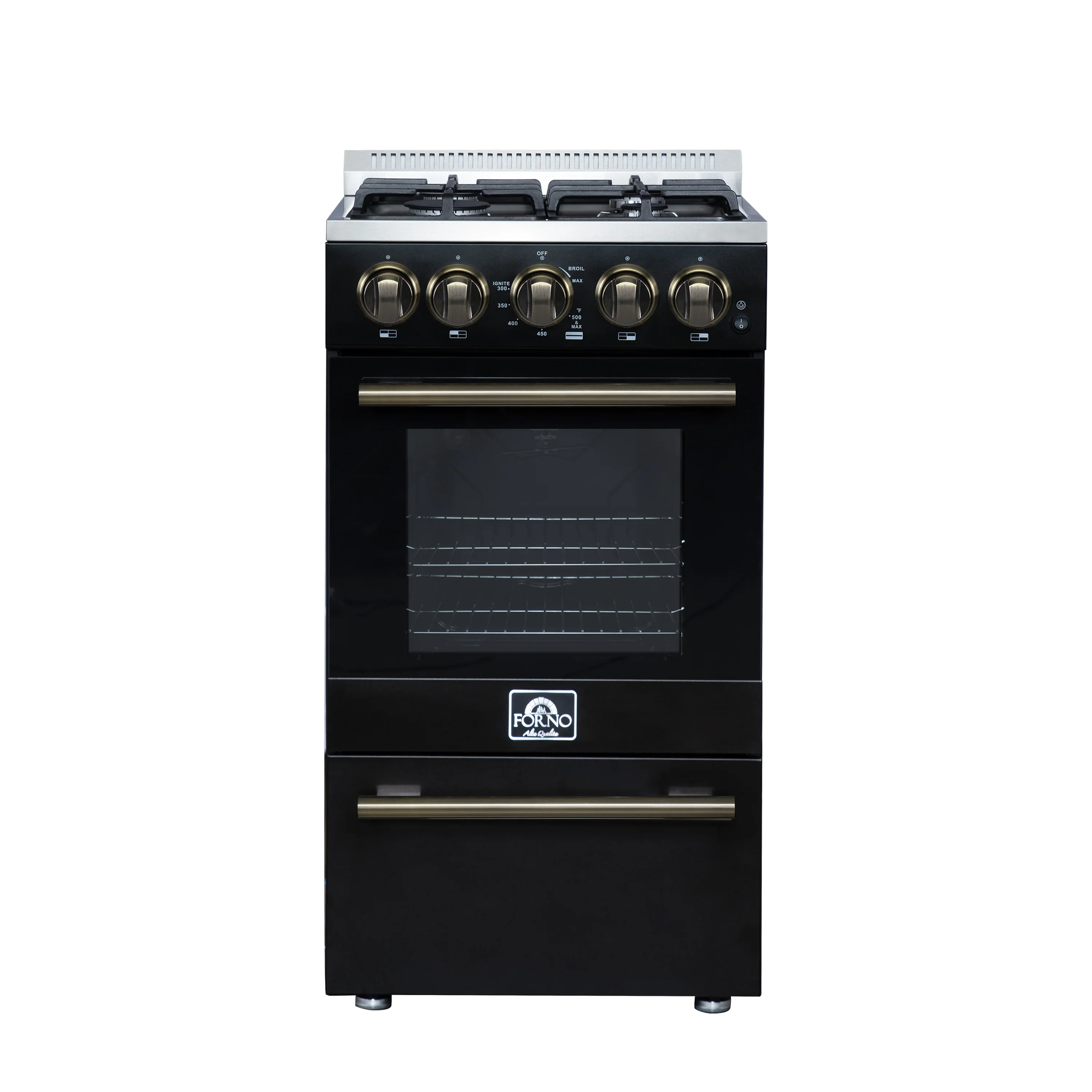Forno Lamazze 20-Inch Freestanding Gas Range in Black with Antique Brass Trim (FFSGS6265-20BLK)