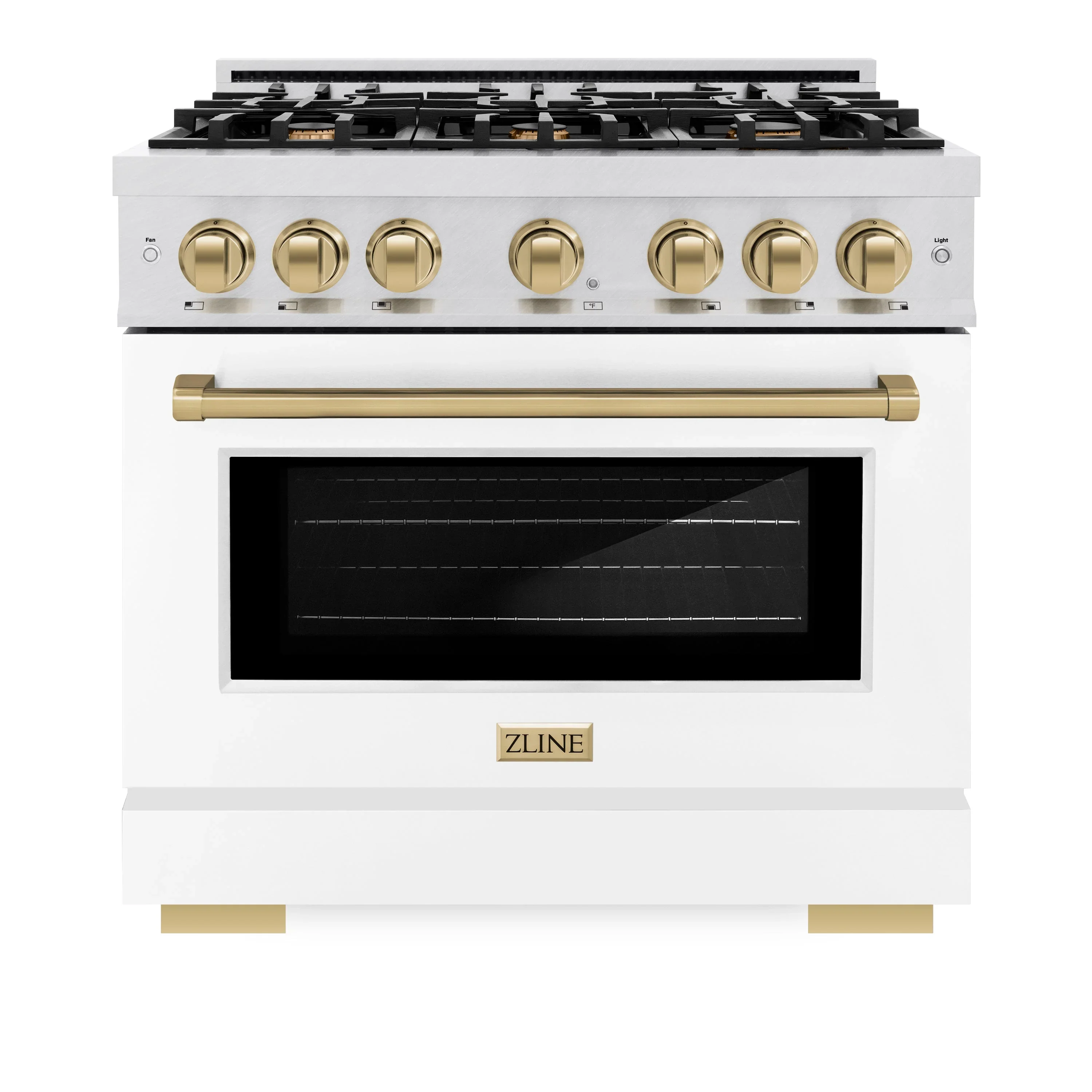 ZLINE Autograph Edition 36-Inch Select Series Dual Fuel Range with 6 Gas Burner Cooktop and 5.2 Cu. Ft. Electric Convection Oven in Satin Stainless Steel with White Matte Door and Champagne Bronze Accents (HDRSZ-WM-36-CB)