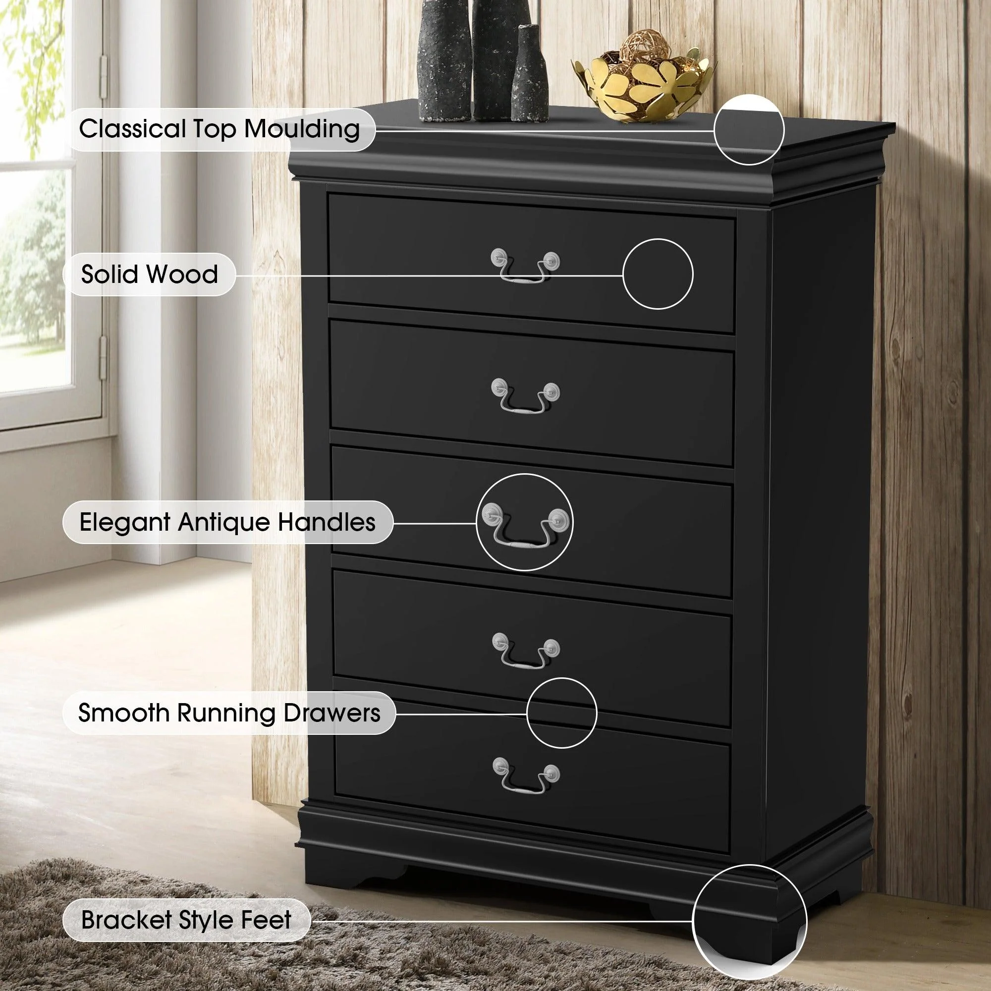 Parrot Uncle Transitional 5-Drawer 31.5-Inch Wide Chest of Drawers with Bracket Feet