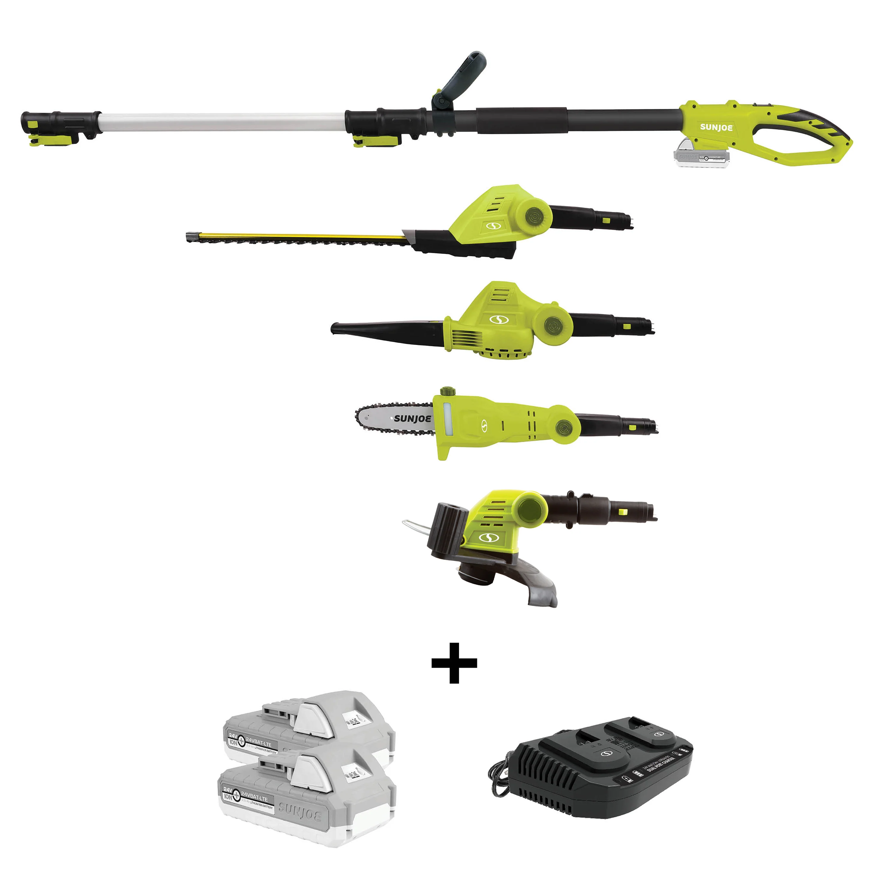 Sun Joe 24V-MTWP4-LTE 24-Volt Cordless Interchangeable Multi-Tool | Leaf Blower + Hedger + Trimmer + Chainsaw | W/ 2 x 2.0-Ah Batteries + Charger