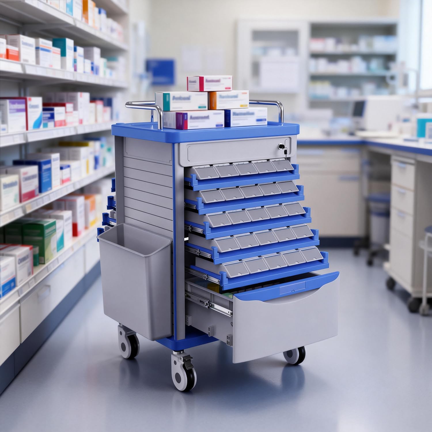 Medication Bins Cart with 200 Bins and Drawer - Dual-Sided Open, 50 Medicine Boxes, Silent Casters, Movable Container, 2 Trash Bin-Medical Crash Cart for Clinic, Hospital and Lab, Factory
