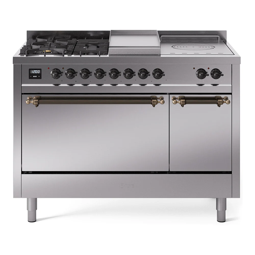 ILVE Nostalgie II 48-Inch Dual Fuel Range with 5 Burners, Griddle, & French Top, with Solid Door Oven in Stainless Steel with Bronze Trim (UP48FSQNMPSSB)