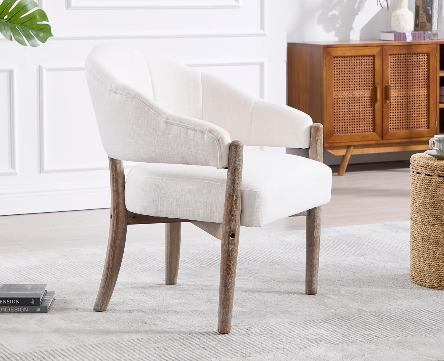 EALSON Modern Farmhouse Accent Chair Comfy Living Room Arm Chair with Rerustic Wood Leg Cozy Linen Upholstered Reading Armchair Lounge Side Chair for Bedroom Beige