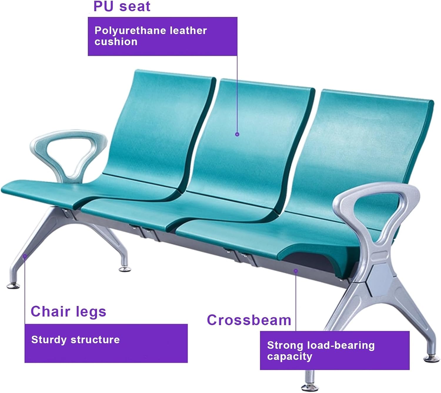 3Seat Waiting Room Bench with 4 Armrestsleather Office Furniture Modern Lobby Chairs Conference Reception Seating for Airport Clinic Hospital Bank (Rple)