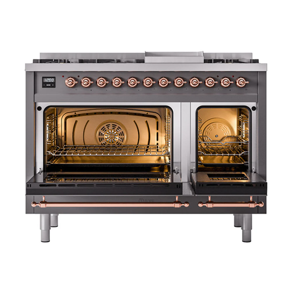 ILVE 48-Inch Nostalgie II Dual Fuel Range with 8 Burners, Griddle, and Solid Door Oven in Matte Graphite with Copper Trim (UP48FQNMPMGP)