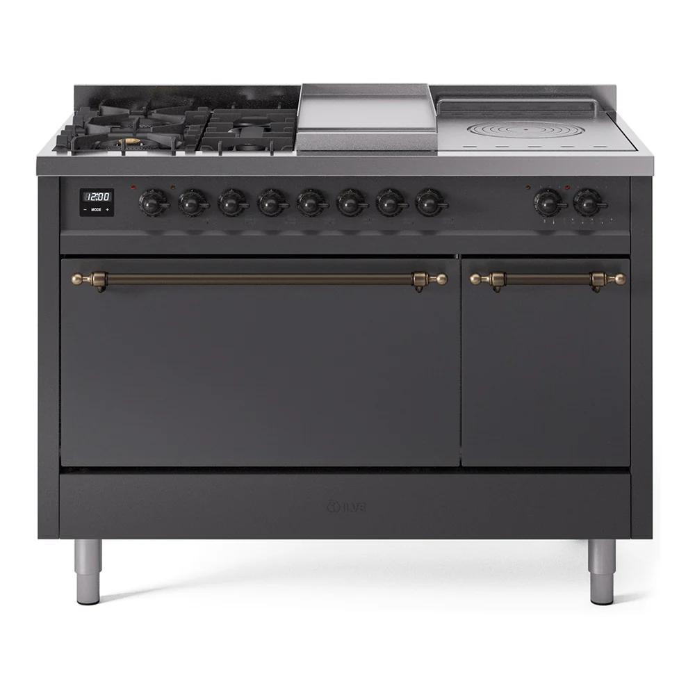 ILVE Nostalgie II 48-Inch Dual Fuel Range with 5 Burners, Griddle, & French Top, with Solid Door Oven in Matte Graphite with Bronze Trim (UP48FSQNMPMGB)