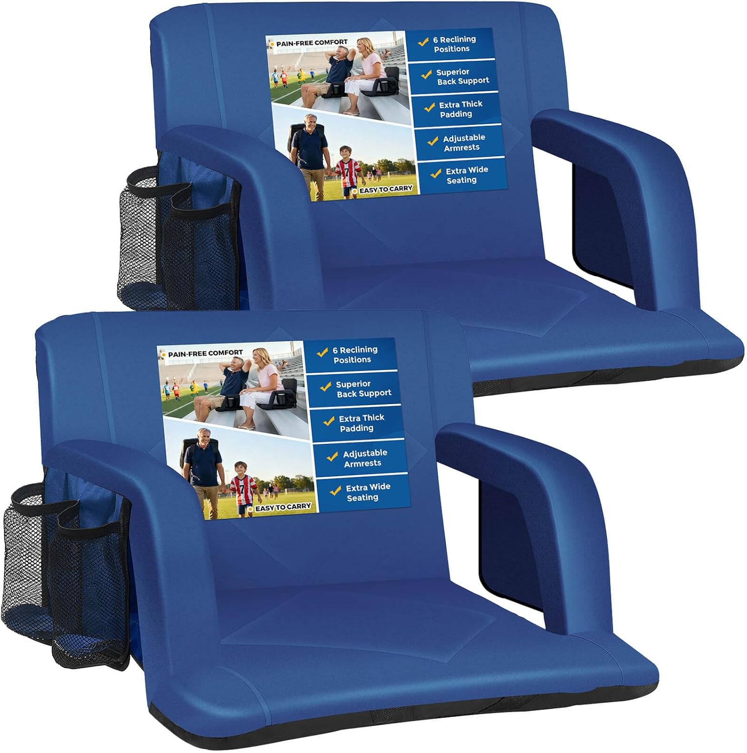 Sheenive Stadium Seat with Back Support Padded Bleacher Chairs with Back and Cushion, Portable Folding Bleacher Seat with Armrest, 6 Reclining Positions, Large Stadium Seat with Cup Holders & Pockets