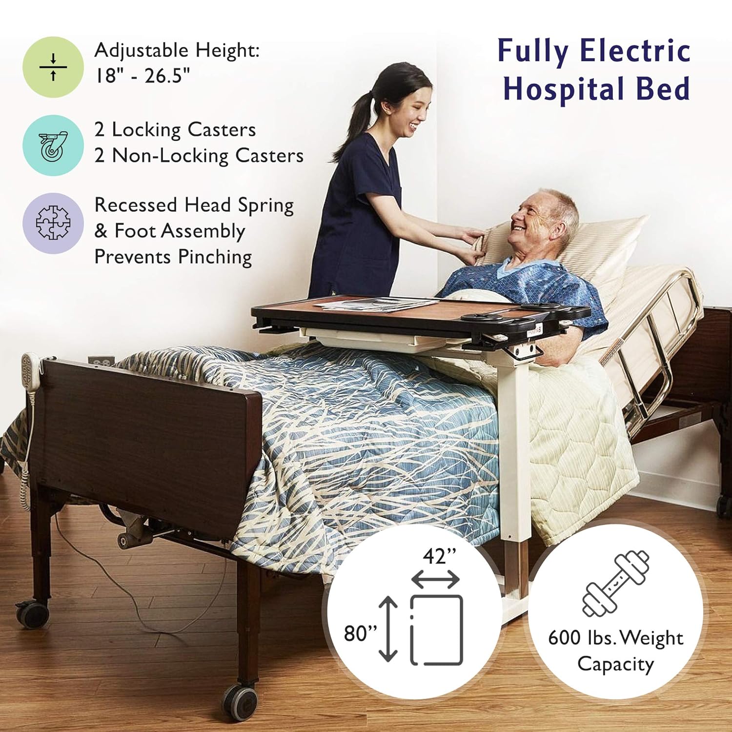 Full Electric Bariatric Hospital Bed with Foam Mattress and T-Rails Included - Extra Wide, Heavy Duty - 80” x 42”, 600 lb Weight Capacity - for Home Care and Medical Facilities