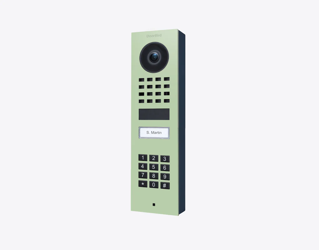 DoorBird D1101KV Surface-Mount IP Video Door Station, 1 Call Button in Pastel Green, RAL 6019