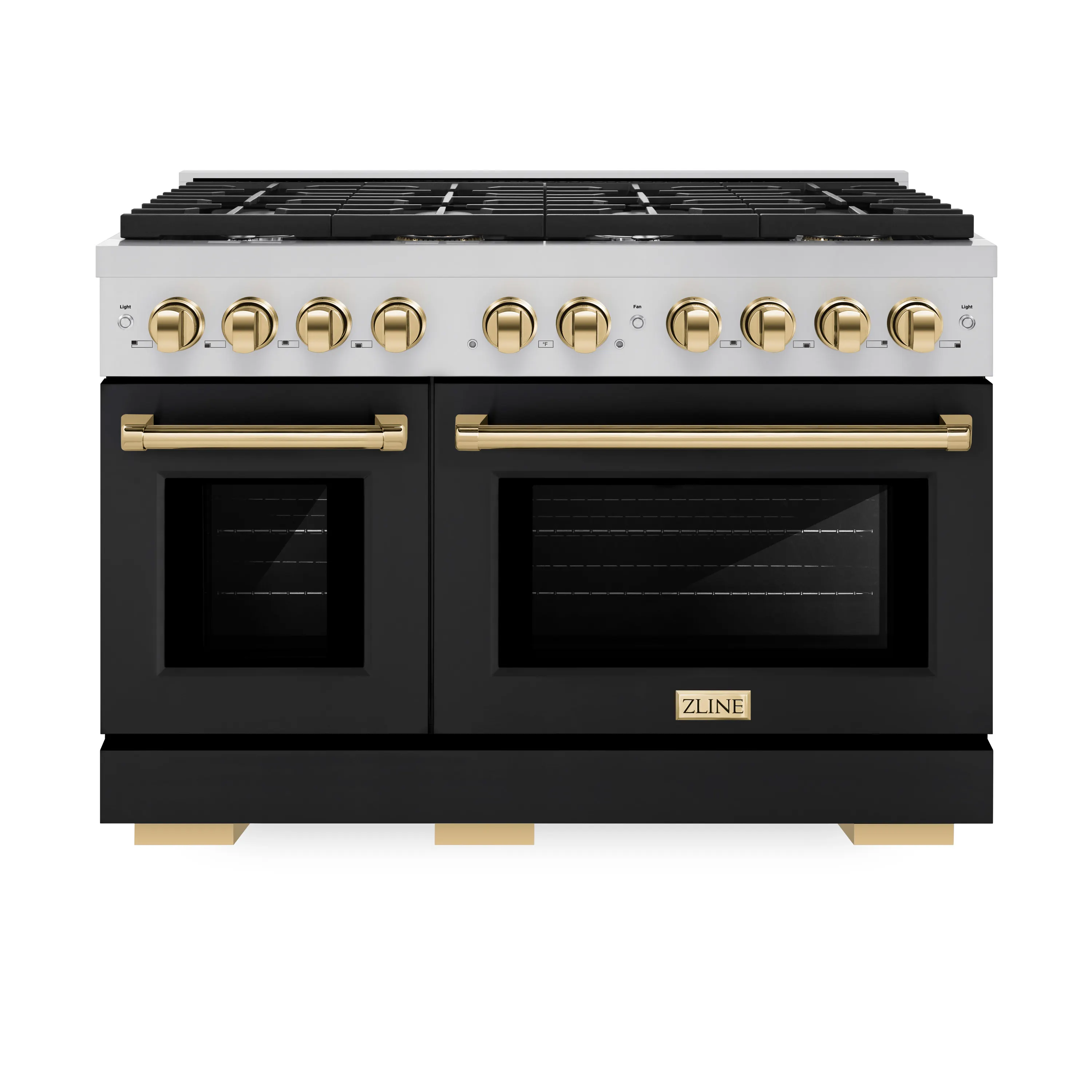ZLINE Autograph Edition 48-Inch 6.7 cu. ft. Paramount Double Oven Dual Fuel Range with 8 Burner Gas Cooktop in Stainless Steel with Black Matte Doors and Polished Gold Accents (SDRZ-BLM-48-G)