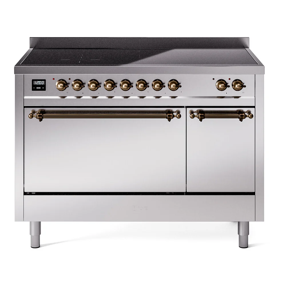 ILVE 48-Inch Nostalgie II Induction Range with Solid Door Oven in Stainless Steel with Bronze Trim (UPI486QNMPSSB)