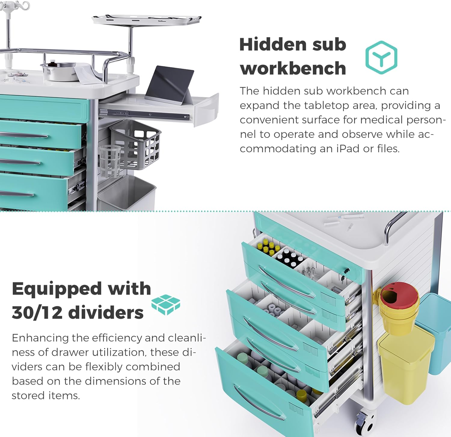 Rolling Crash Cart Medical with Drawers - Adjustable IV Pole, Silent Casters, Needle Disposal Holder, Trash Bin, O2 Holder, Utility Trolley Cart for Clinic, Hospital, Salon, Lab
