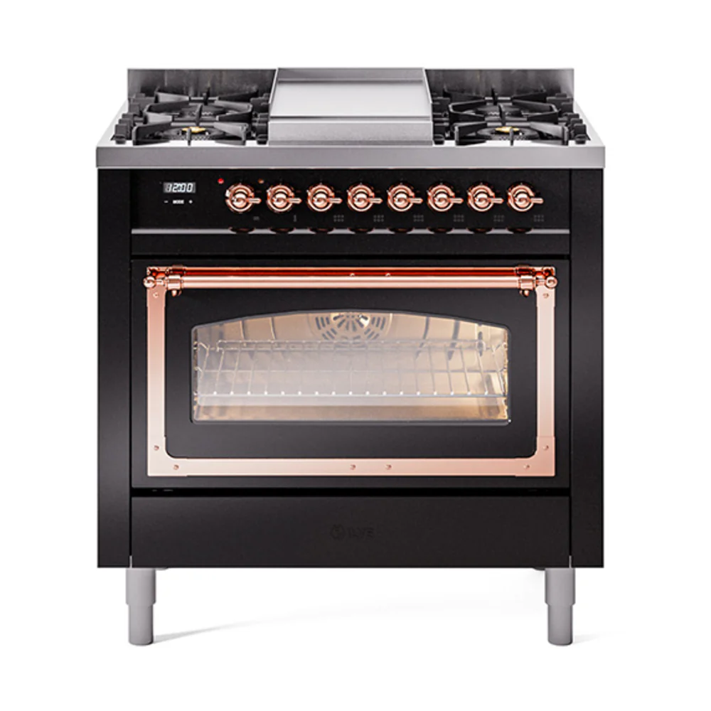 ILVE Nostalgie II Noblesse 36-Inch Dual Fuel Range and Triple Glass Door in Glossy Black with Copper Trim (UN36FNMPBKP)