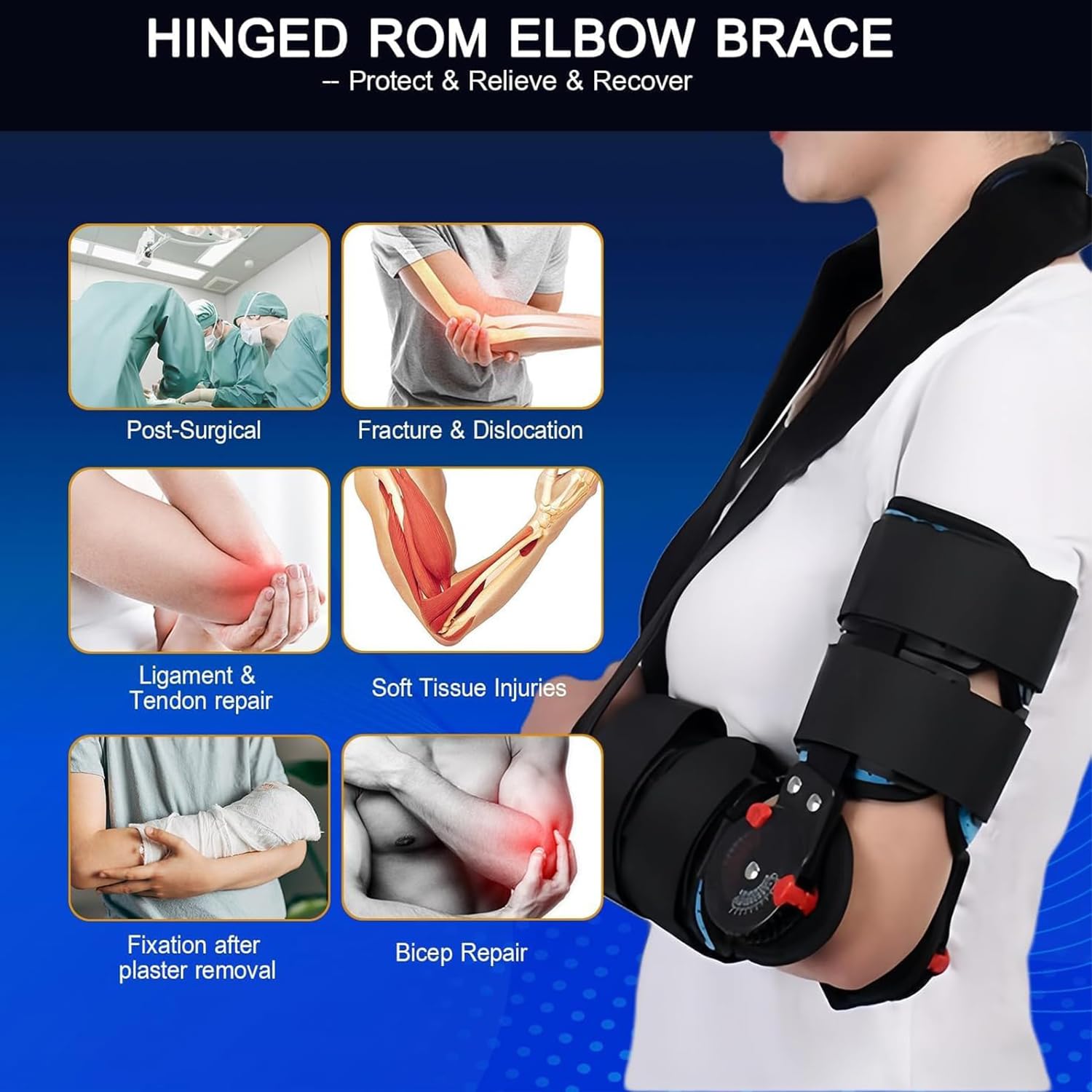 Carbon Fiber Hinged ROM Elbow Brace, Adjustable Post-Surgery Stabilizer Splint for Arm Injury Recovery, Ligament and Tendon Repairs, Fracture and Biceps Support (Ambidextrous)