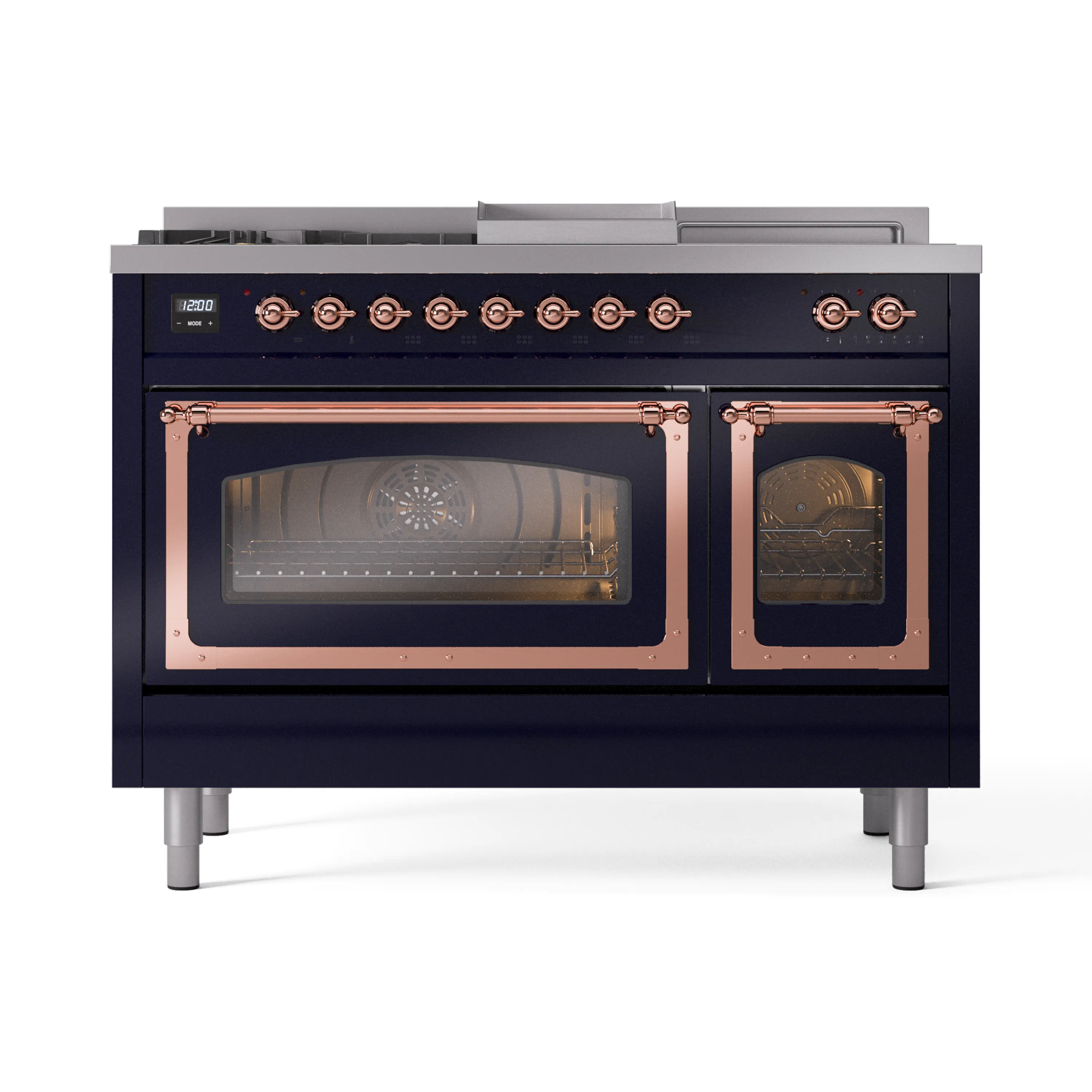 ILVE Nostalgie II Noblesse 48-Inch Dual Fuel Freestanding Range with Triple Glass Door Oven in Midnight Blue with Copper Trim (UN48FSNMPMBP)