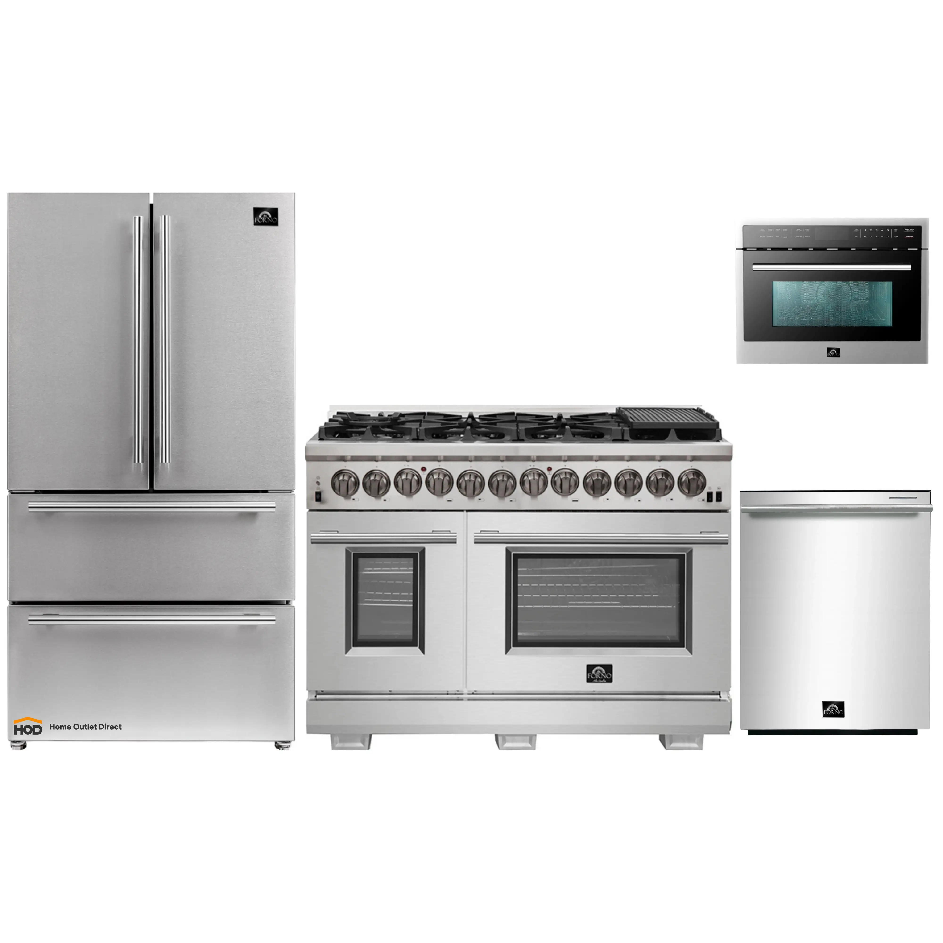Forno 4-Piece Pro Appliance Package - 48-Inch Dual Fuel Range, Refrigerator, 24-Inch Microwave Oven, & 3-Rack Dishwasher in Stainless Steel