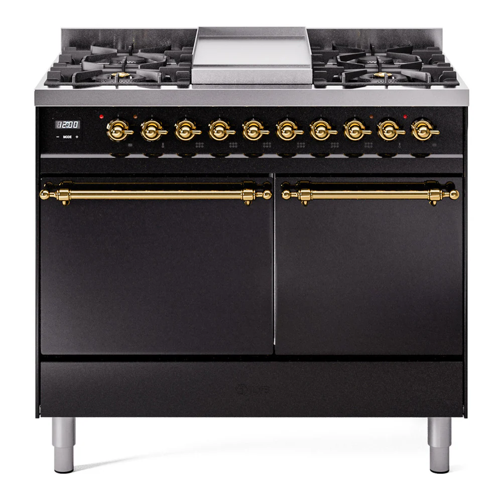 ILVE 40-Inch Nostalgie II Dual Fuel Range with 6 Burners, Griddle and Solid Door Oven in Glossy Black with Brass Trim (UPD40FQNMPBKG)