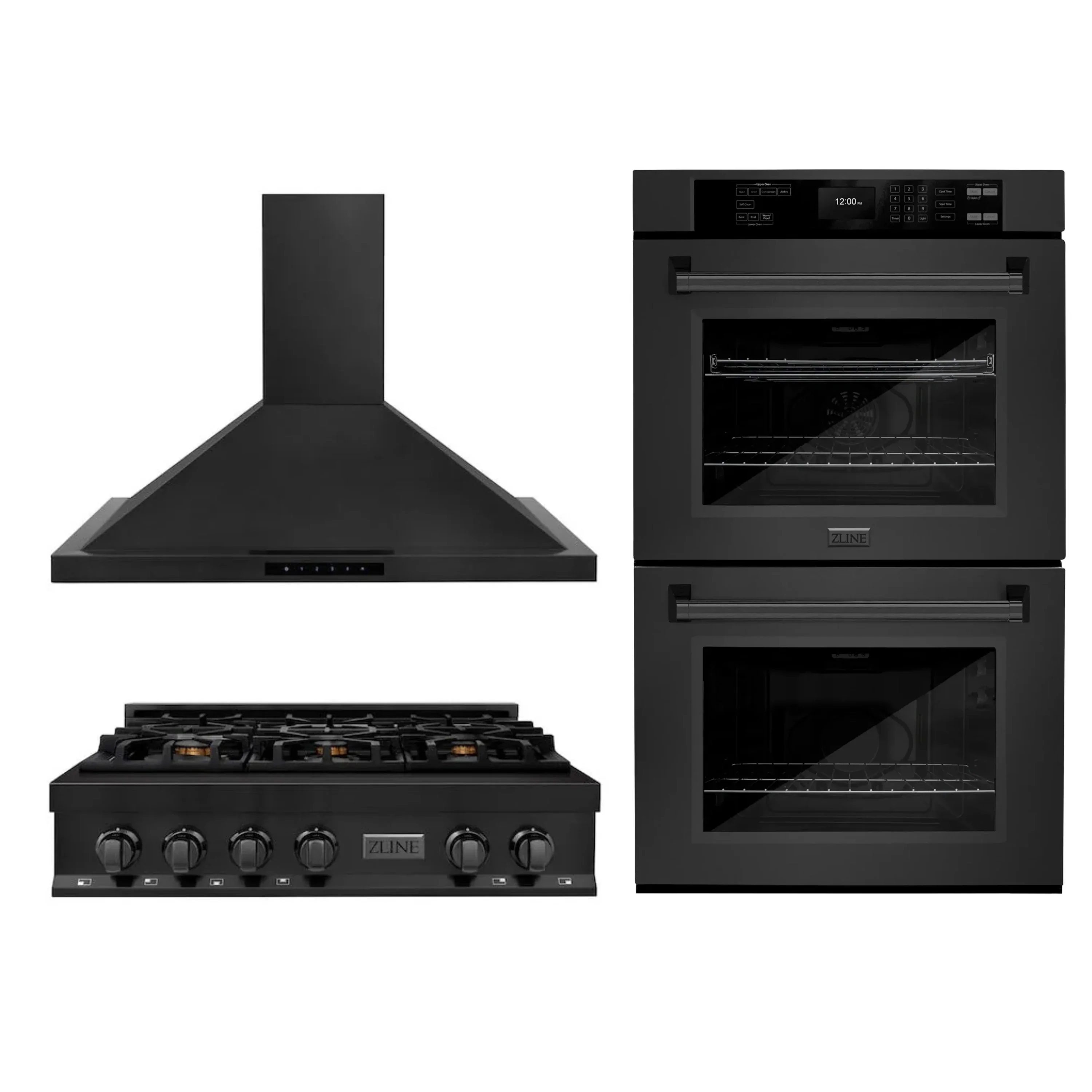 ZLINE 3-Piece Appliance Package - 36-Inch Rangetop, Double Wall Oven, and Convertible Wall Mount Range Hood in Black Stainless Steel (3KP-RTBRH36-AWD)