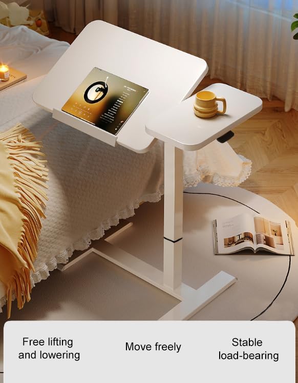 KEIKI Overbed Bedside Desk, Mobile Rolling Laptop Stand Tilting Overbed Table with Wheels, Height Adjustable Tray Bedside Table for Laptop Bed Sofa, White