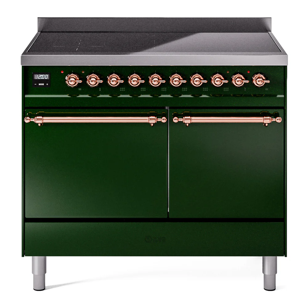 ILVE 40-Inch Nostalgie II Induction Range with Solid Door Oven in Emerald Green with Copper Trim (UPDI406QNMPEGP)