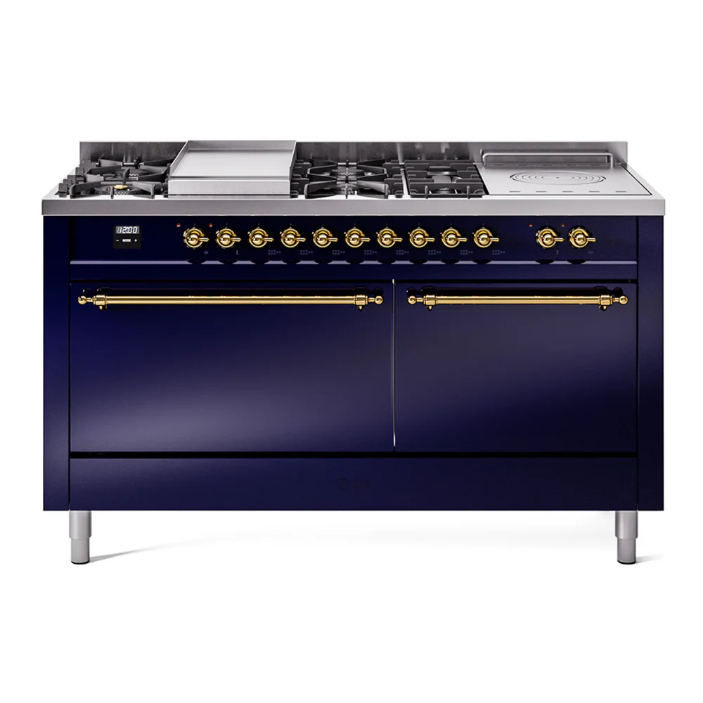 ILVE Nostalgie II 60-Inch Dual Fuel Range with 7 Burners, Griddle, & French Top with Solid Door Oven in Midnight Blue with Brass Trim (UP60FSQNMPMBG)