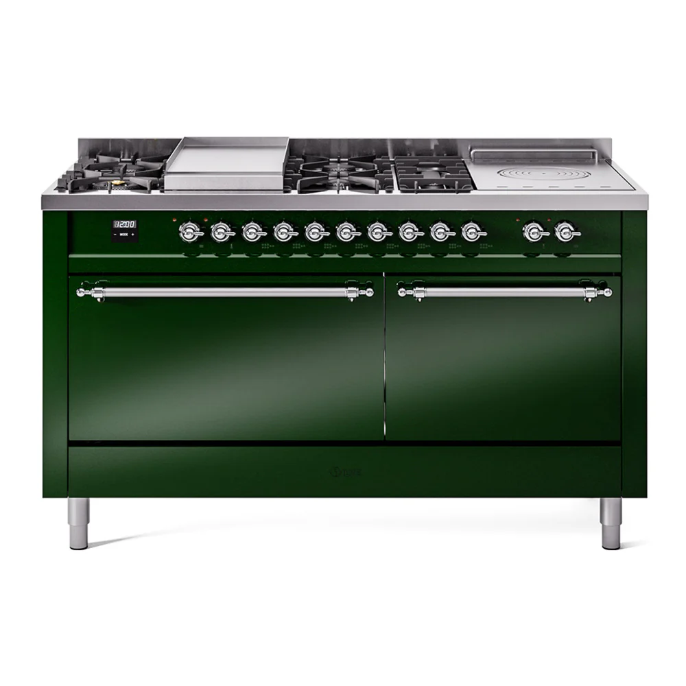 ILVE Nostalgie II 60-Inch Dual Fuel Range with 7 Burners, Griddle, & French Top with Solid Door Oven in Emerald Green with Chrome Trim (UP60FSQNMPEGC)