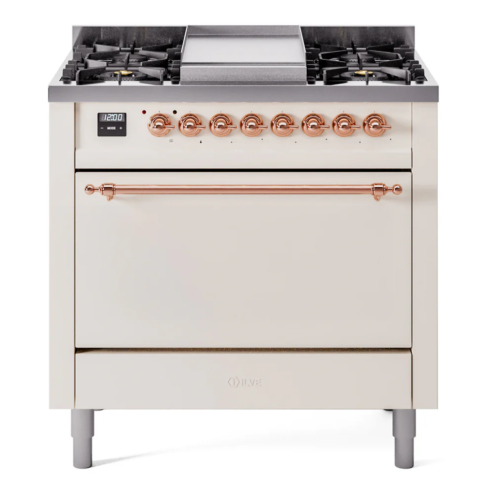 ILVE 36-Inch Nostalgie II Dual Fuel Range with 6 Burners and Solid Door Oven in Antique White with Copper Trim (UP36FQNMPAWP)