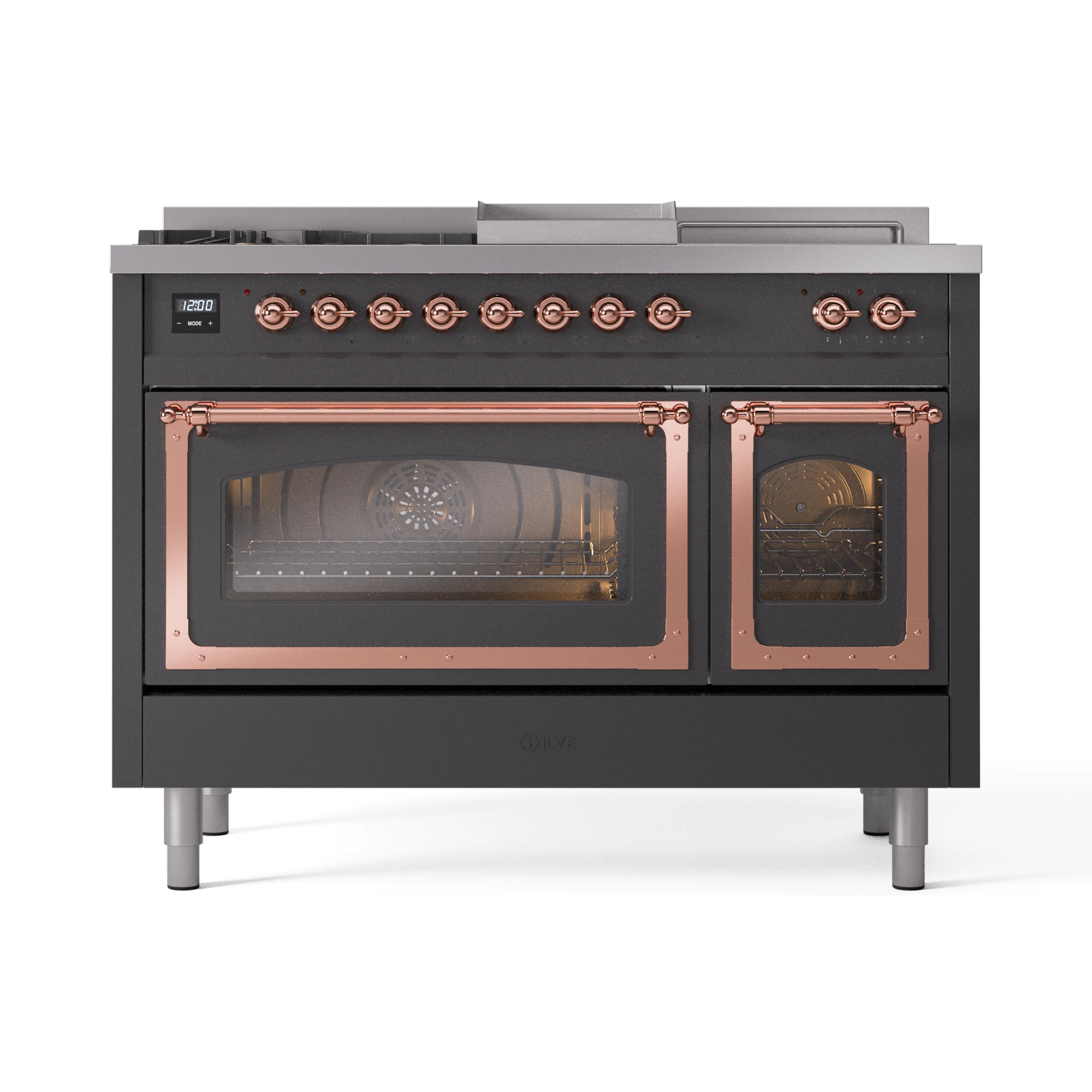 ILVE 48-Inch Nostalgie II Noblesse Dual Fuel Range with 5 Sealed Burners, Griddle, French Top and Triple Glass Door Oven in Matte Graphite with Copper Trim (UN48FSNMPMGP)