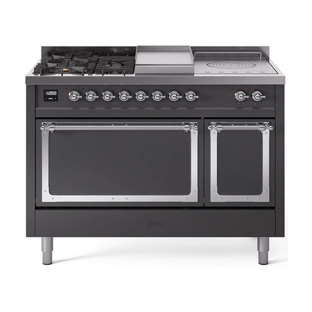 ILVE 48-Inch Nostalgie II Noblesse Dual Fuel Range with 5 Sealed Burners, Griddle, French Top and Solid Door Oven in Matte Graphite with Chrome Trim (UN48FSQNMPMGC)