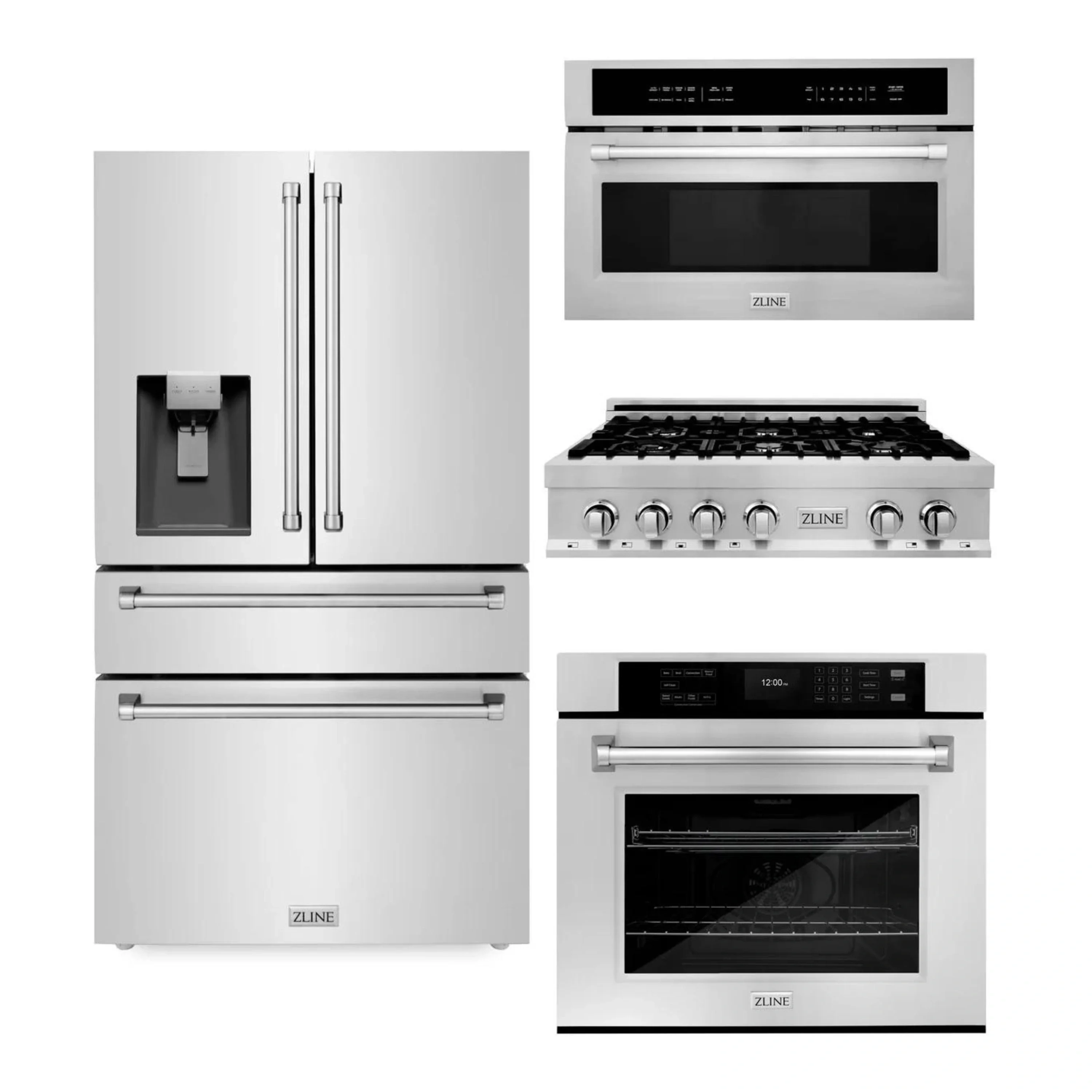 ZLINE 4-Piece Appliance Package - 36-Inch Rangetop, 30鈥?Wall Oven, 36鈥?Refrigerator with Water Dispenser, and Microwave Oven in Stainless Steel (4KPRW-RT36-MWAWS)