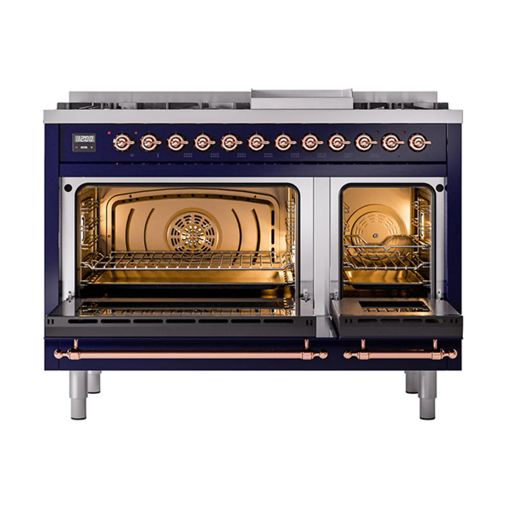ILVE Nostalgie II Noblesse 48-Inch Dual Fuel Freestanding Range with Solid Door Oven in Midnight Blue with Copper Trim (UN48FQNMPMBP)