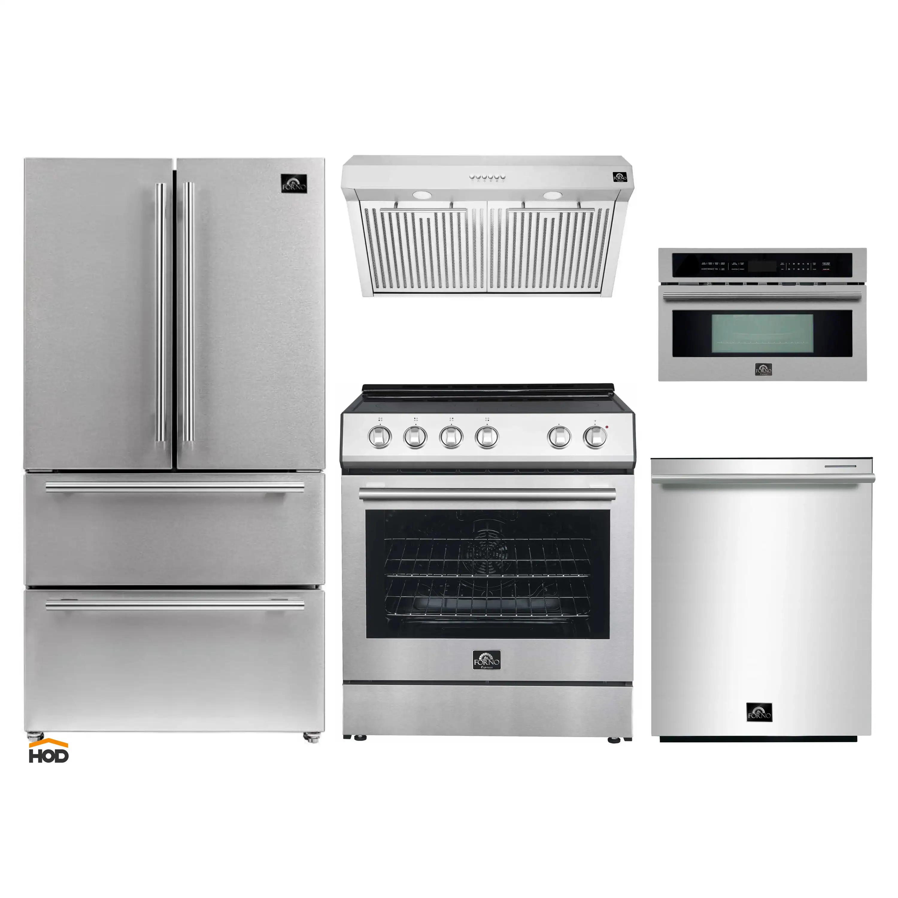 Forno 5-Piece Appliance Package - 30-Inch Electric Range, Under Cabinet Range Hood, French Door Refrigerator, Dishwasher, and 30-Inch Microwave Drawer in Stainless Steel
