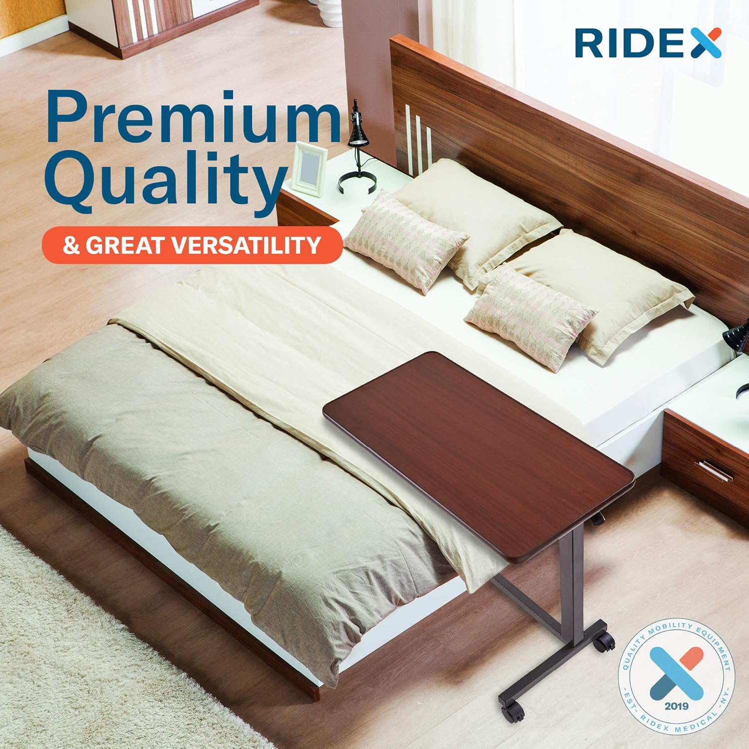 Adjustable Overbed Table - Non-Tilt Mobile Bedside Desk Tray with Swivel Caster Wheels - Serve Meals, Use Laptop/Computer, Writing - Great for Elderly, Hospital Patients, Home Care -Hospital Bed Table