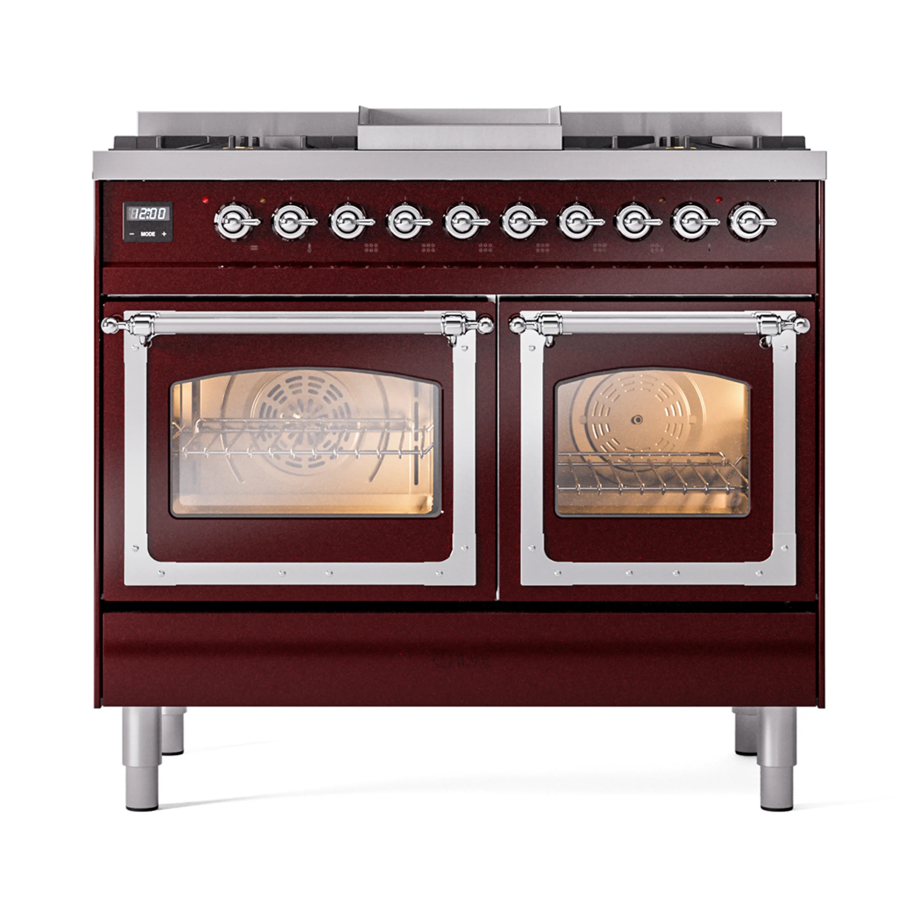 ILVE 40-Inch Nostalgie II Noblesse Dual Fuel Range with Triple Glass Door Oven in Burgundy with Chrome Trim (UND40FNMPBUC)